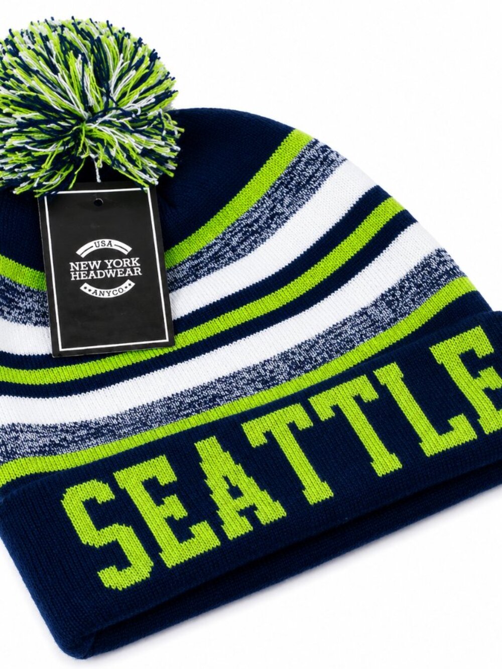 Seattle Seahawks Knit Pom Pom Beanie – Navy, White & Neon Green Winter Hat